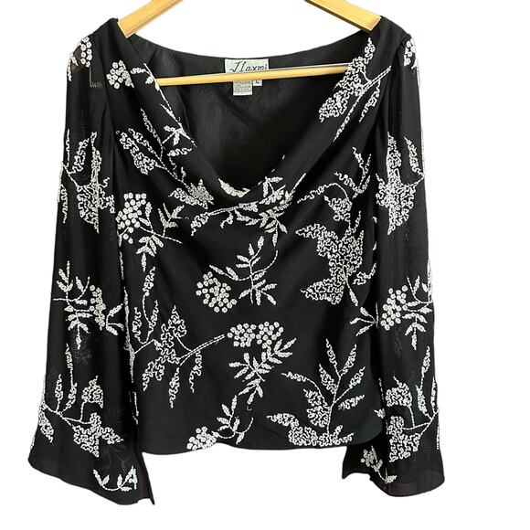 VINTAGE | J. LAXMI New York | Beaded Chiffon Cowl Neck Evening Top | Size Large - Picture 1 of 5